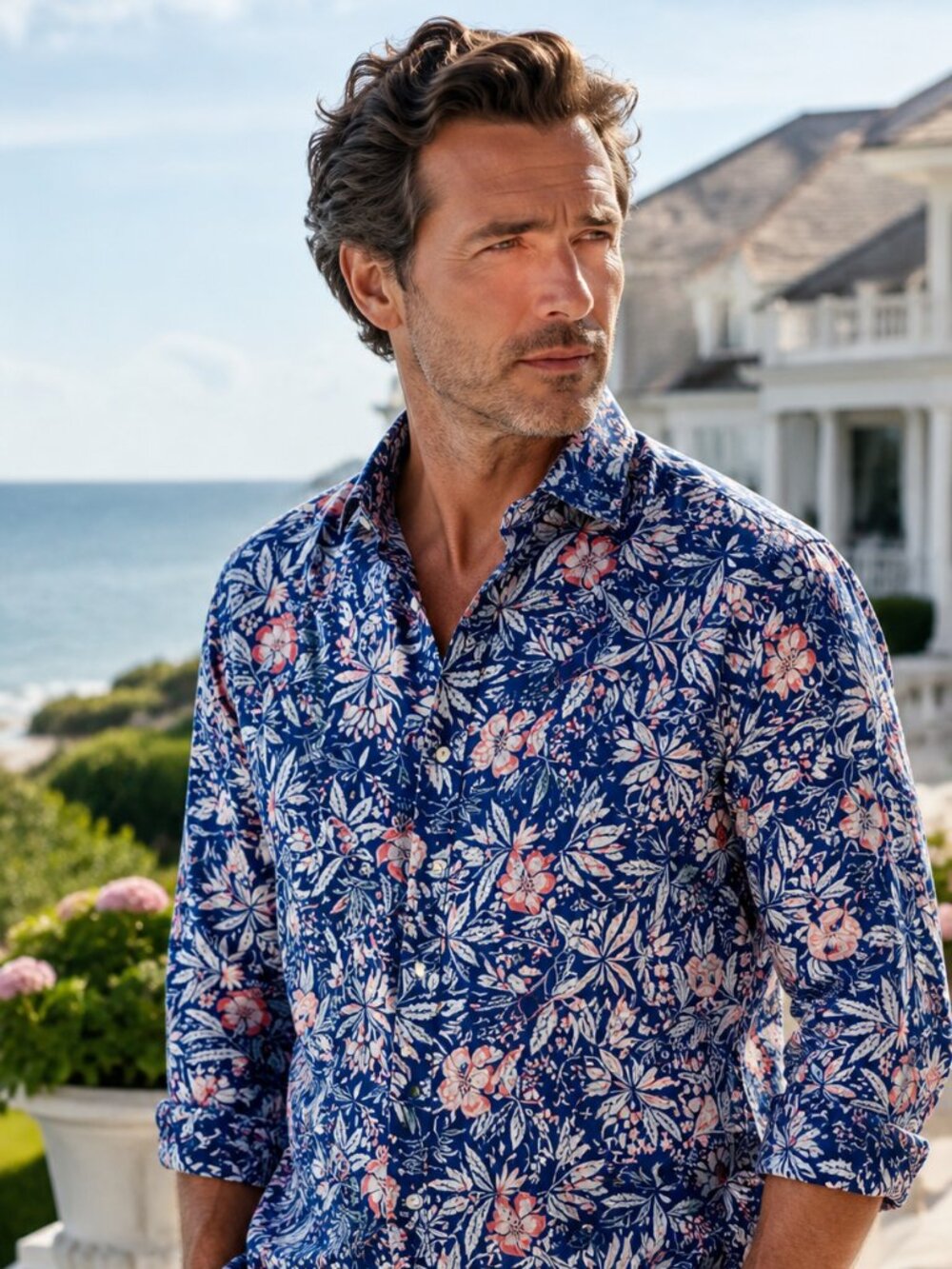 Club Room Luxury 100% Linen Floral Button Front Shirt XL Blue Pink Resort